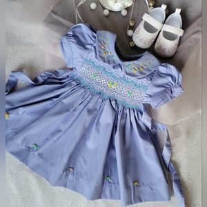 Sky Blue Hand-Smocked Embroidered Baby Girl Dress. Toddler Girl Easter Dress. 3T